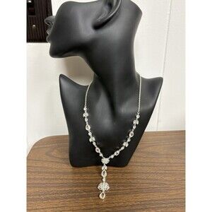 Signed CH Crystal Rhinestone Statement Necklace Silver Tone Drop Pendant J1